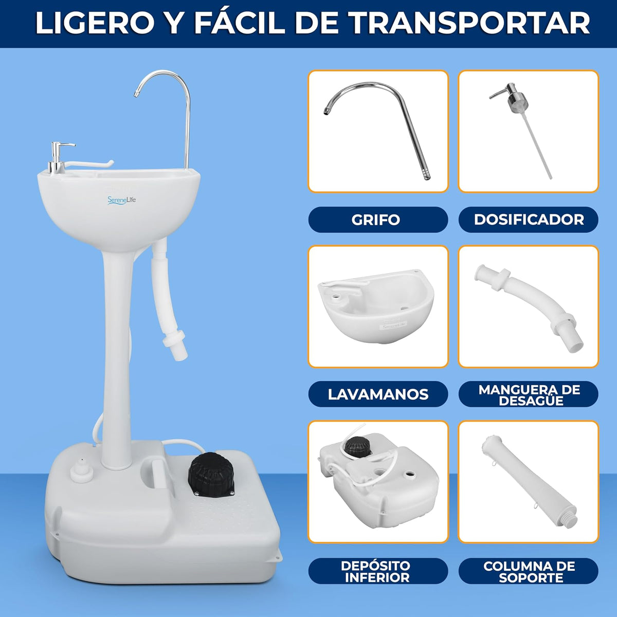SereneLife Lavabo Portátil Fregadero para Camping con Tanque de Agua de 19L, Bomba de Pie, Dispensa Jabón y Soporte para Toallas, Compacto con Asa para Transportar, Ideal Actividades al Aire Libre