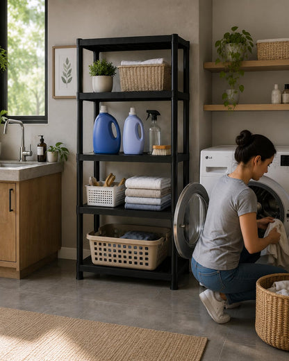Italhome Rack De Plástico Mediano De 5 Niveles Color Negro, Estante Organizador Resistente Multiusos Soporta 125 Kg