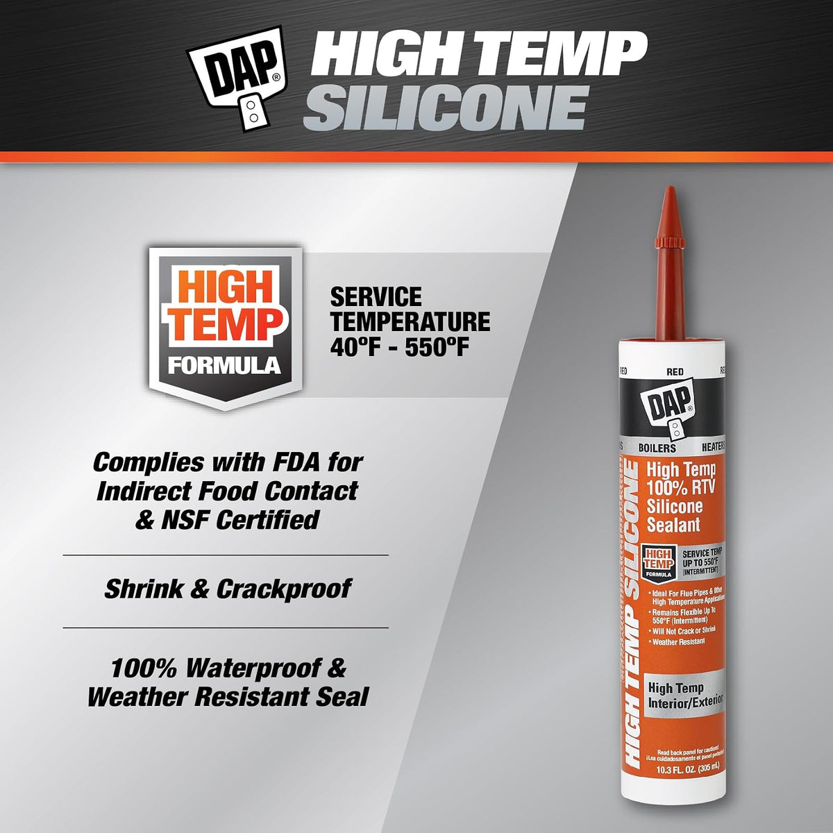 DAP Sellador Silicona 100% RTV Alta Temperatura Rojo 10.3 Fl-Oz