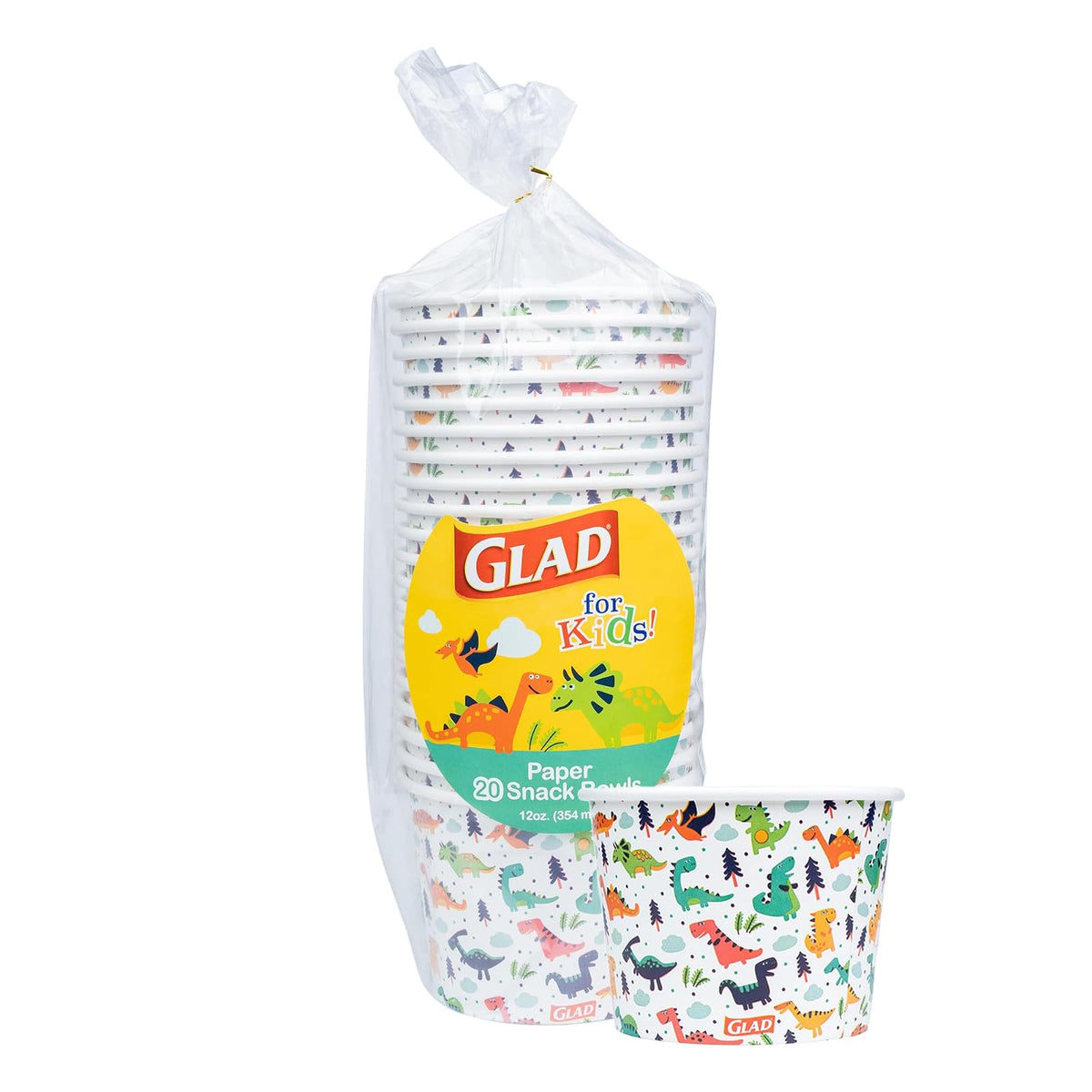 Glad for Kids - Cuencos de papel de dinosaurio, 20 unidades, tapas no incluidas, cuencos desechables con diseño de dinosaurio, para niños, cuencos de papel desechables resistentes para uso diario, 12