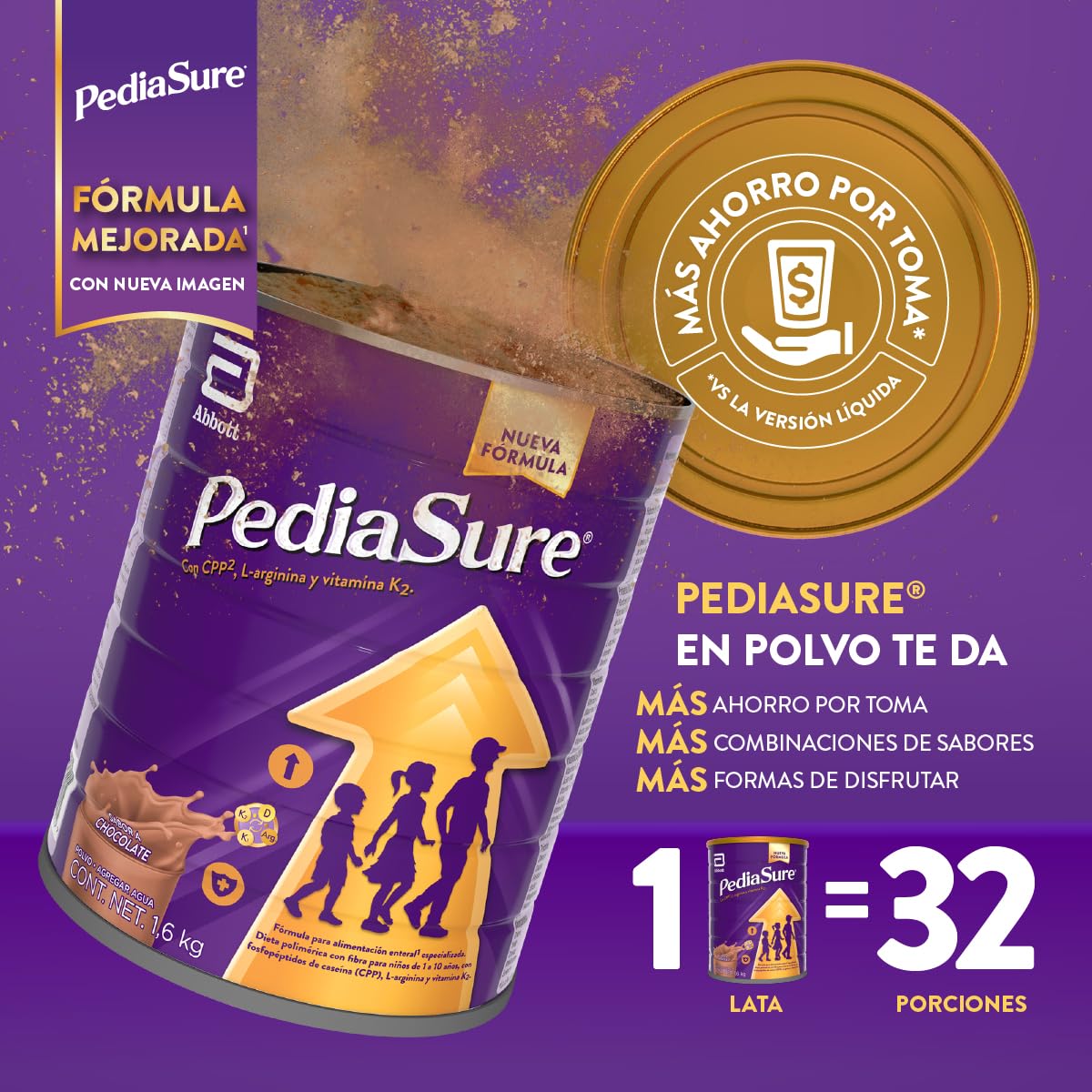 PediaSure Chocolate- Alimentación Especializada Polvo 1600 g | Formula especializada para niños de 1 a 10 años con 5 grupos de nutrientes clave que apoya el crecimiento de los huesos.