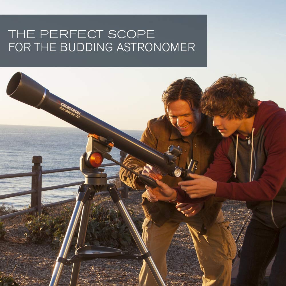 Celestron - AstroMaster 70AZ Telescope - Refractor Telescope - Fully Coated Glass Optics - Adjustable Height Tripod – Bonus Astronomy Software Package