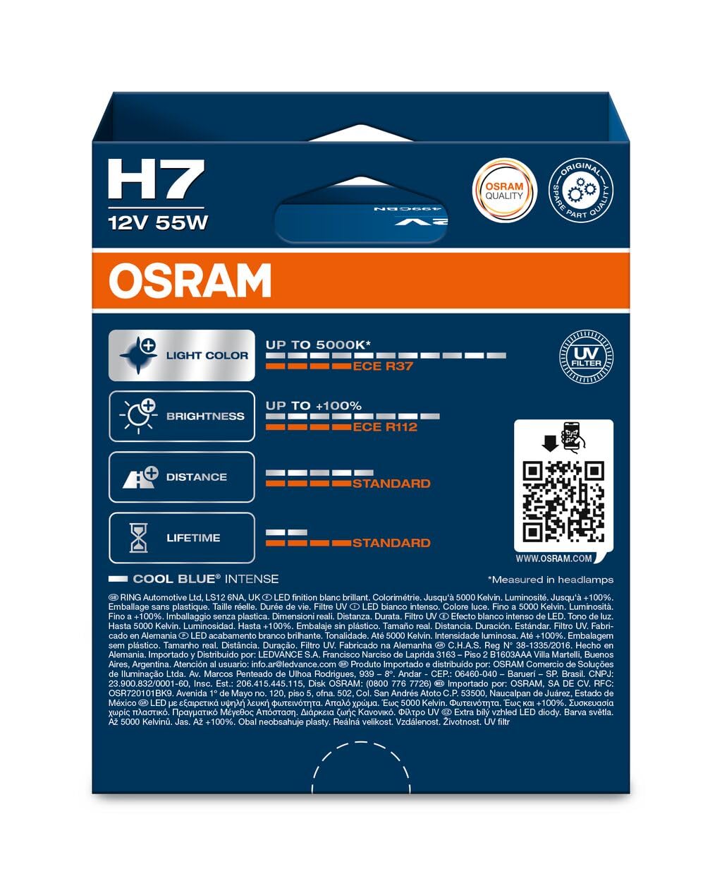 OSRAM COOL BLUE® INTENSE H7, +100% más de brillo, hasta 5000 K, lámpara halógena para faros delanteros, aspecto LED, caja plegable colgante (2 lámparas)
