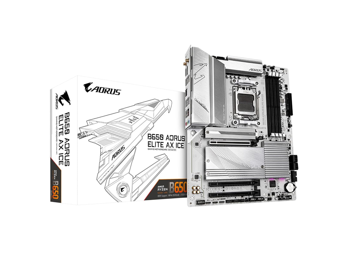 GIGABYTE B650M AORUS Elite AX Ice Motherboard Micro-ATX AM5, DDR5, PCIe 5.0, Triple M.2, WiFi 6E, 2.5GbE LAN, Snow White