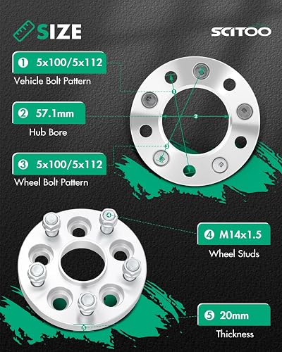 4 adaptadores espaciadores de Rueda de 5LUG de 20 mm de 5 x 100 a 5 x 112 con Pernos de 14 x 1.5 57.1CB compatibles con S4 1993-2008 para Tiguan 2009-2017 para 5000 1979-1988