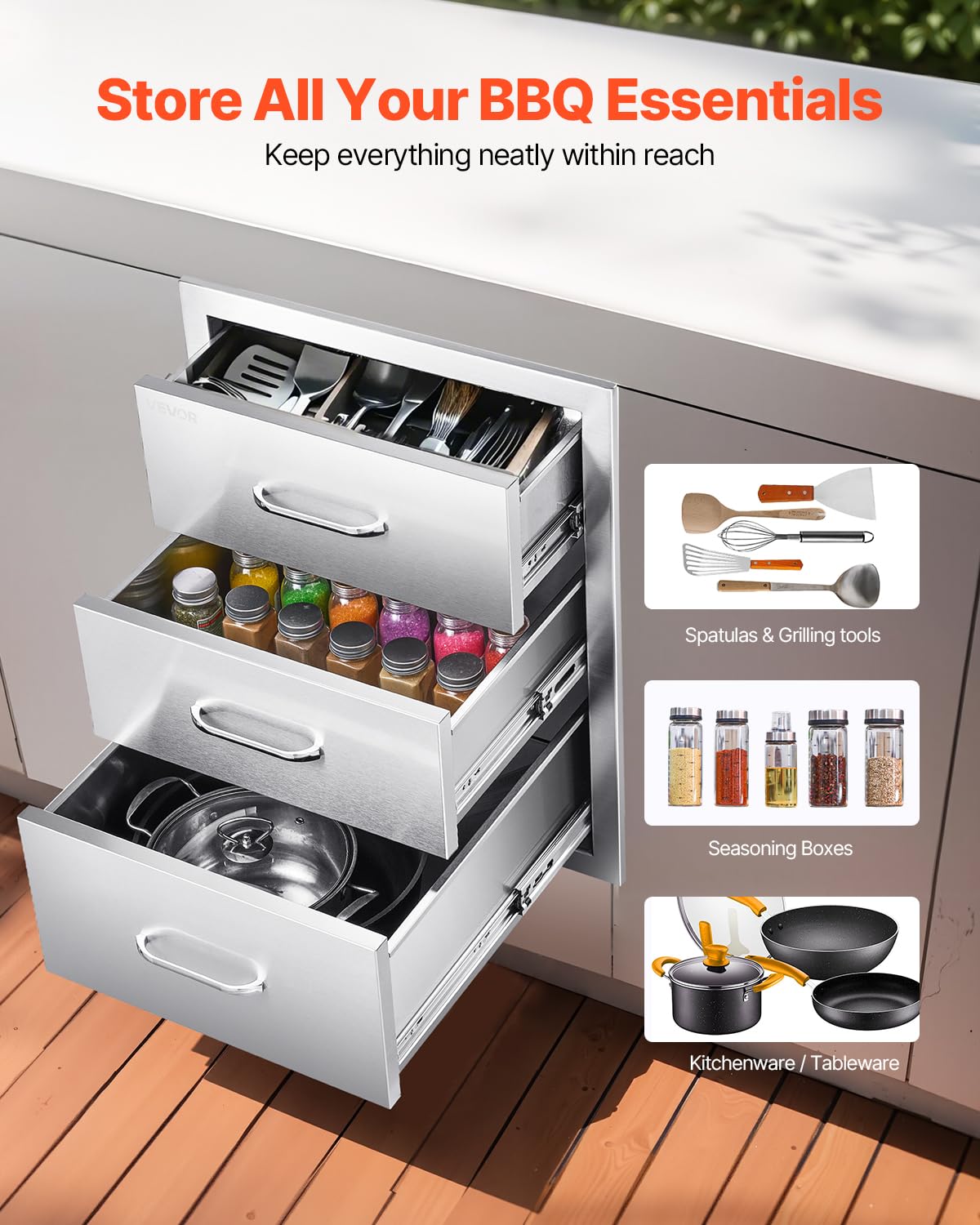 VEVOR Cajones de cocina para exteriores de 46 cm de ancho x 59 cm de profundidad x 59 cm de alto. Cajonera modular de acero inoxidable con triple acceso y asas. Cajón para isla de barbacoa