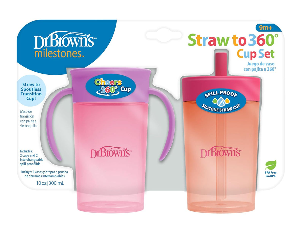 Dr. Brown's Milestones - Juego de paja a 360 tazas, color coral rosa, paquete de 2