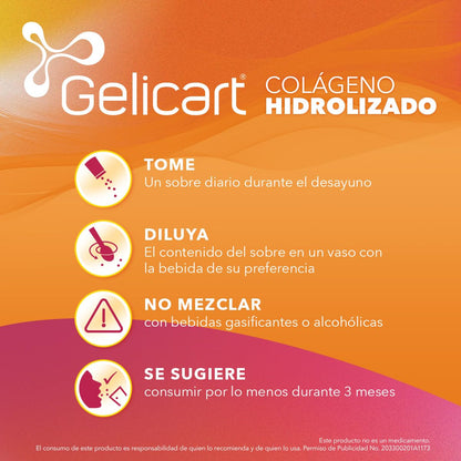Gelicart Action, Suplemento Alimenticio, Polvo de Colágeno Hidrolizado con 30 Sobres de 20 gr, 1 count