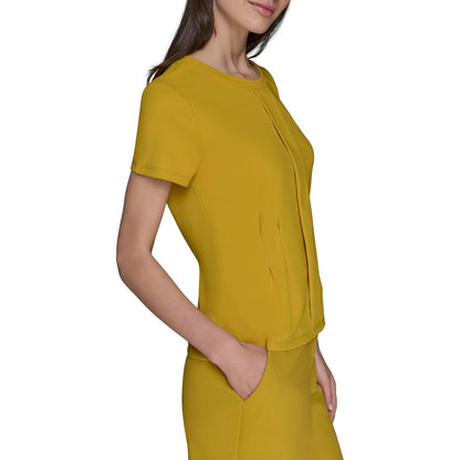 Karl Lagerfeld - Blusa Peplum de Manga Corta con Cuello Redondo y Plisado para Mujer, Dorado (Gold Flake)