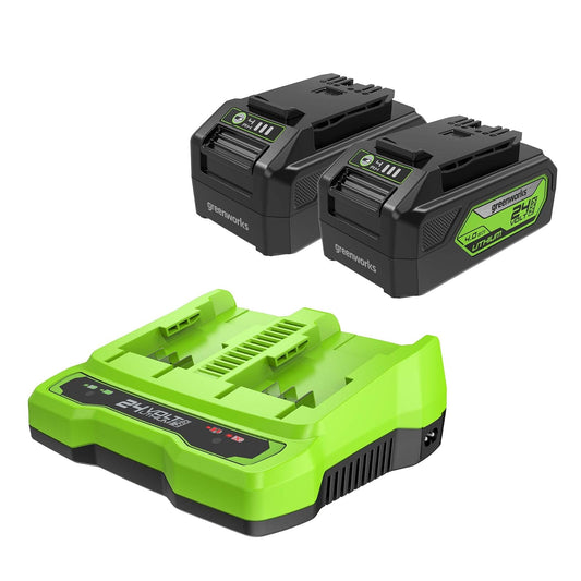 Greenworks 24 V 4.0Ah Batería USB (paquete de 2) Kit de inicio + Cargador rápido de doble puerto (piezas genuinas de Greenworks)