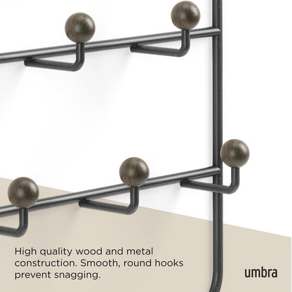 Umbra Estique Organizador con múltiples ganchos | Clavijas de madera de acero, sin enganches, se adapta a puertas de 1.6 pulgadas, acabado recubierto de energía