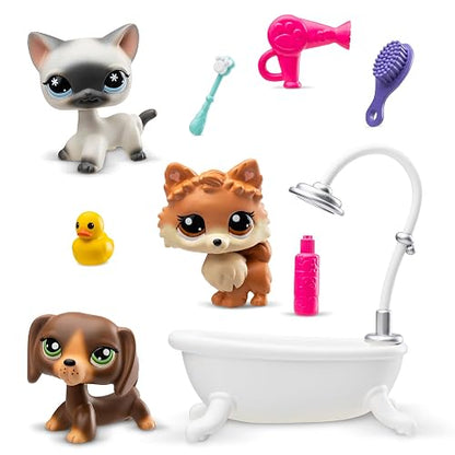 Littlest Pet Shop – Paquete SPA de Mascotas – Juego de Figuras coleccionables y Grooming para niñas – 3 Mascotas con Accesorios