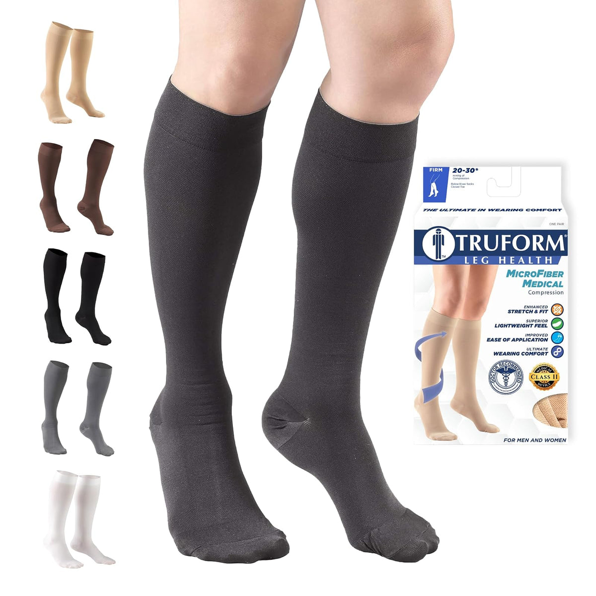 Truform Medias de Compresión 20-30 mmHg, Hasta la Rodilla, Punta Cerrada - Charcoal - X-Large