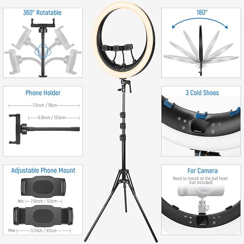 NEEWER Aro de Luz RP19H 19 inch con Trípode y 3 Soporte Móvil, 2.4G Actualizado y Control Táctil, Atenuación Suave al 1%, 42W CRI 97+ 2540lux, Profesional para Streaming Home Office Zoom Call Lighting