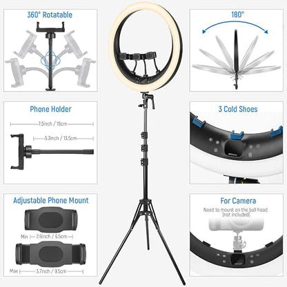 NEEWER Aro de Luz RP19H 19 inch con Trípode y 3 Soporte Móvil, 2.4G Actualizado y Control Táctil, Atenuación Suave al 1%, 42W CRI 97+ 2540lux, Profesional para Streaming Home Office Zoom Call Lighting