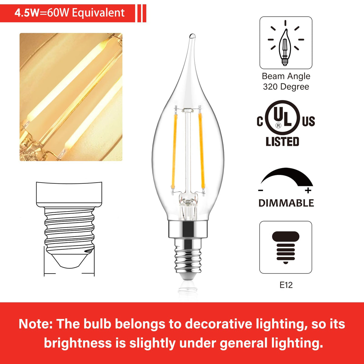 Sengled E12 - foco LED para candelabro de 60 W, equivalente a 60 W, bombillas LED regulables, 5 W, 2700 K, blanco suave, 450 lm, B10, punta de llama, estilo clásico, con base decorativa de candelabro