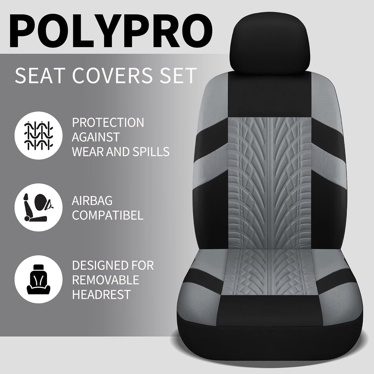 VarCozy Juego Completo de Fundas de Asiento para Automóvil, Banco Delantero y Trasero, Tela Universal, Compatible con Airbag, Negro y Gris (VC-01-B1)