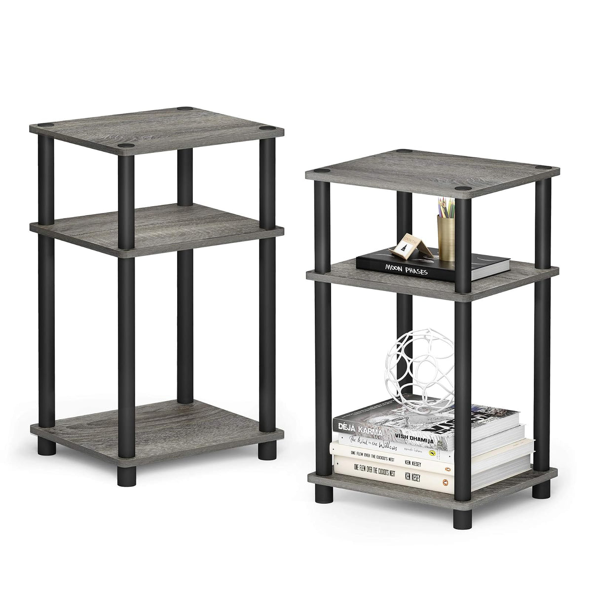 Furinno Just Mesa Auxiliar Turn-N-Tube de 3 Niveles - Roble francés gris - negro. - Paquete-de-2