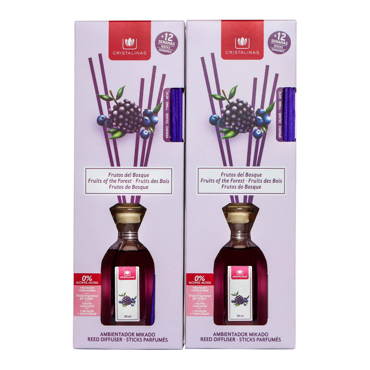 Cristalinas Ambientador de Cañas Ratán 40ml Difusor sin Alcohol - Frutos del bosque - 2 pzas
