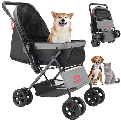 VEVOR Cochecito para Mascotas Capacidad 20kg Carrito Plegable para Perros de 4 Ruedas con Ventana de Malla Asa Reversible Cochecito Portátil Tela Oxford 600D con Freno para Mascotas Pequeñas Medianas