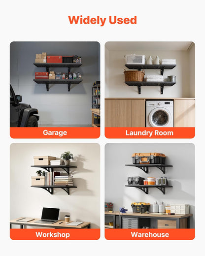 VEVOR Estantería de Pared de Acero Resistente 610x914 mm, Carga 254kg en Total 127kg por Estante, Distancia Ajustable, Juego de 2 Estanterías Flotantes con Ganchos para Garaje Cocina Lavandería Taller