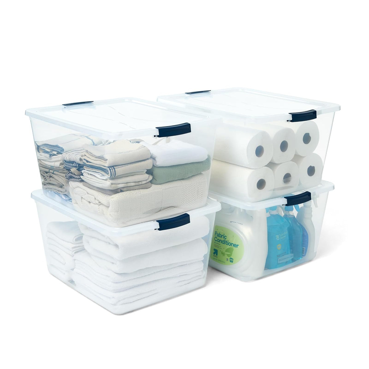 Rubbermaid Cleverstore Contenedores de almacenamiento transparentes de 74 cuartos con tapas, paquete de 4, apilables, sin BPA, fabricados en Estados Unidos - 71 Qt - 4 Pack