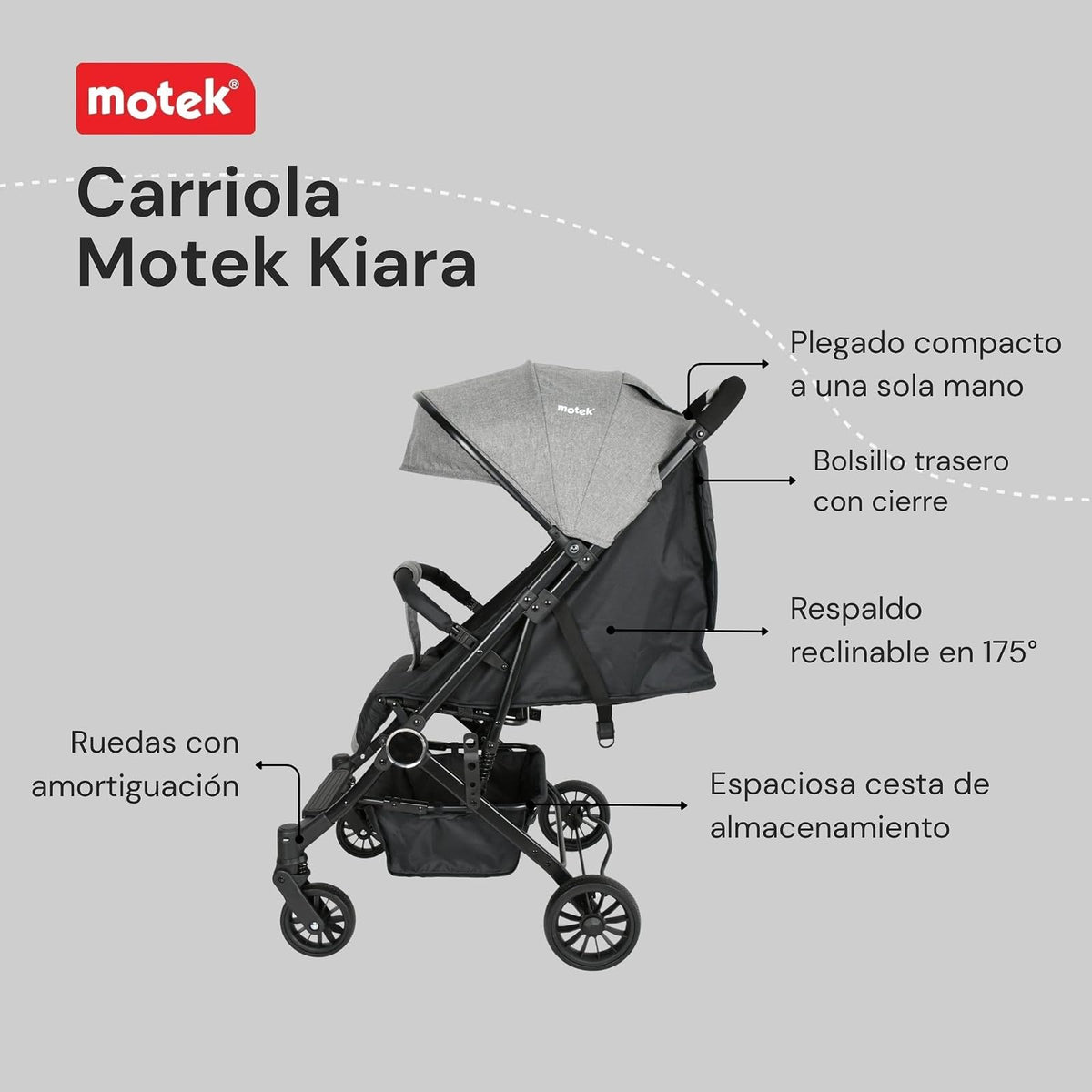 Motek Carriola Ligera de Viaje Kiara, Plegado a una Mano, Reclinado de 175°, Diseño Compacto Tipo Maleta con Manija de Transporte, Gris