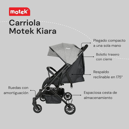 Motek Carriola Ligera de Viaje Kiara, Plegado a una Mano, Reclinado de 175°, Diseño Compacto Tipo Maleta con Manija de Transporte, Gris