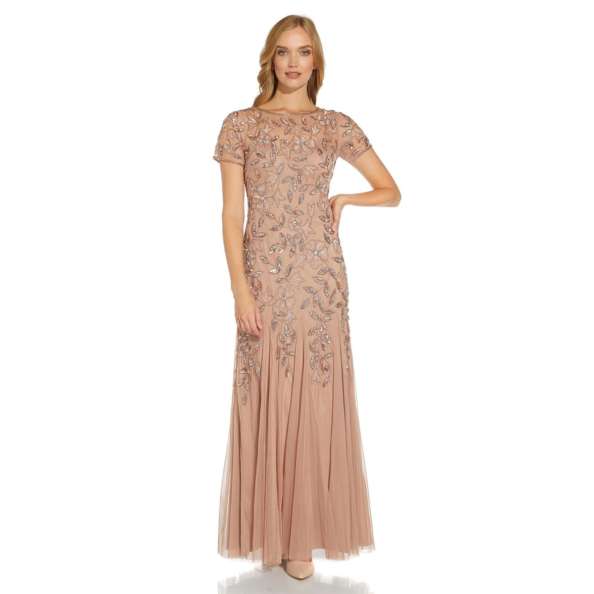 Adrianna Papell Women's Floral Beaded Godet Gown Dress