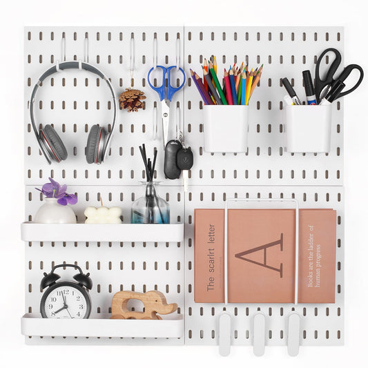 VEVOR Kit de Combinación de Tablero Perforado de Plástico de 280 x 280 x 12 mm 4 Paneles, Kit Organizador de Pared con Accesorios, Para Sala de Estar, Almacenamiento de Herramientas, Oficina, Blanco