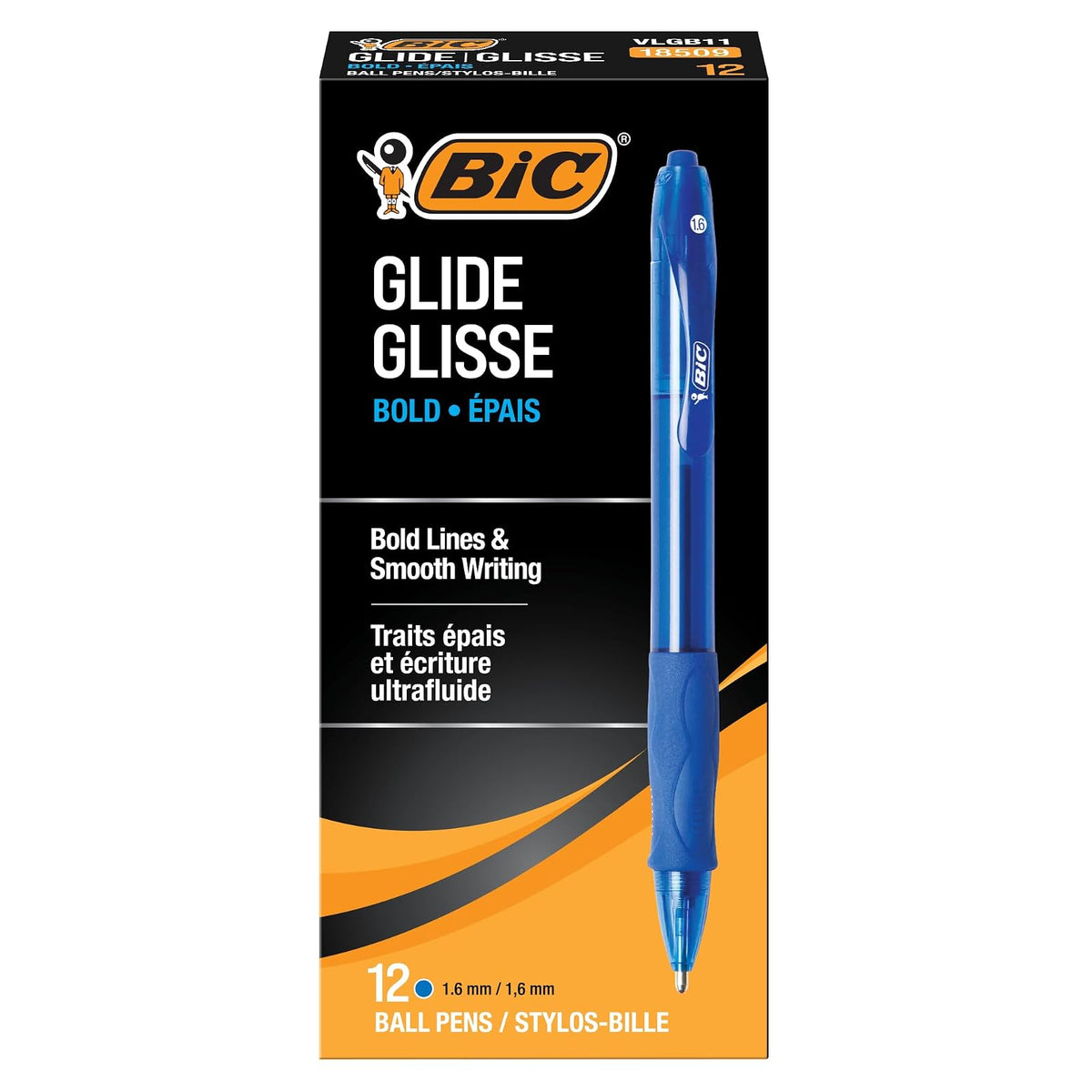 BIC Velocity Bold Bolígrafo retráctil de punta redonda, punta gruesa (1.6 mm), color negro, 12 unidades, Recargable, Azul, 12-Count