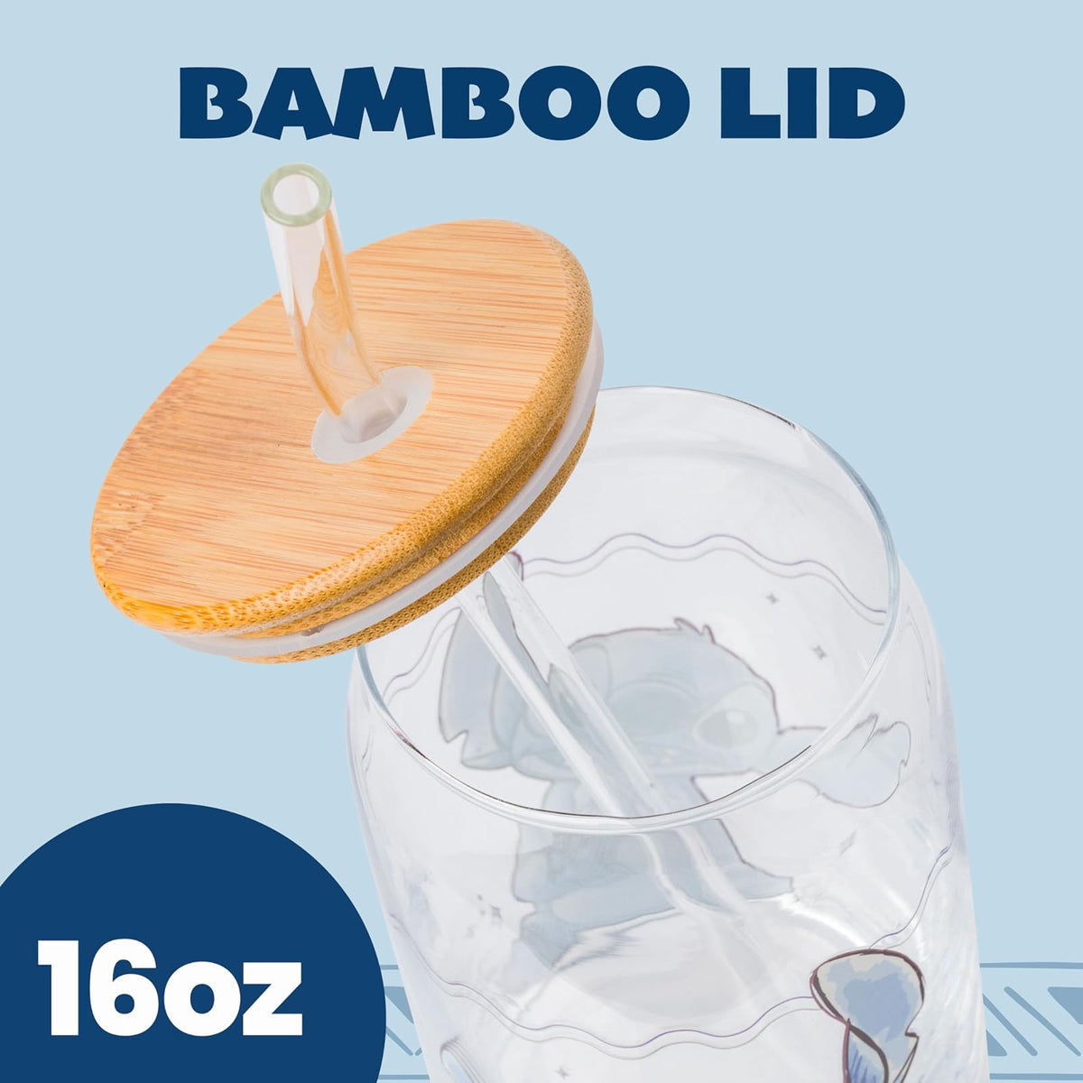 Silver Buffalo Disney Lilo and Stitch - Vaso de vidrio sentado con tapa de bambú y popote de vidrio, 16 onzas