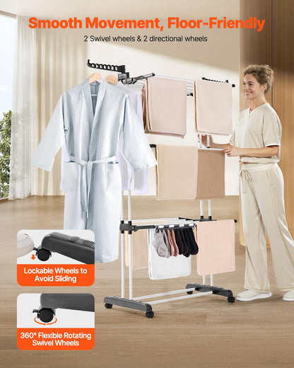 VEVOR - Tendedero Plegable de 4 Niveles, Estante de Secado de Metal con 24 Varillas de Secado, Colgador portátil y de pie con 4 Ruedas y Dos alas Laterales para Uso en Exteriores e Interiores