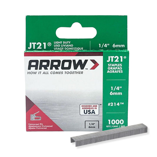 Arrow Fastener Grapas JT21 214 | 1/4 pulgada, caja 1000 grapas, corona plana ancho 7/16 pulgadas
