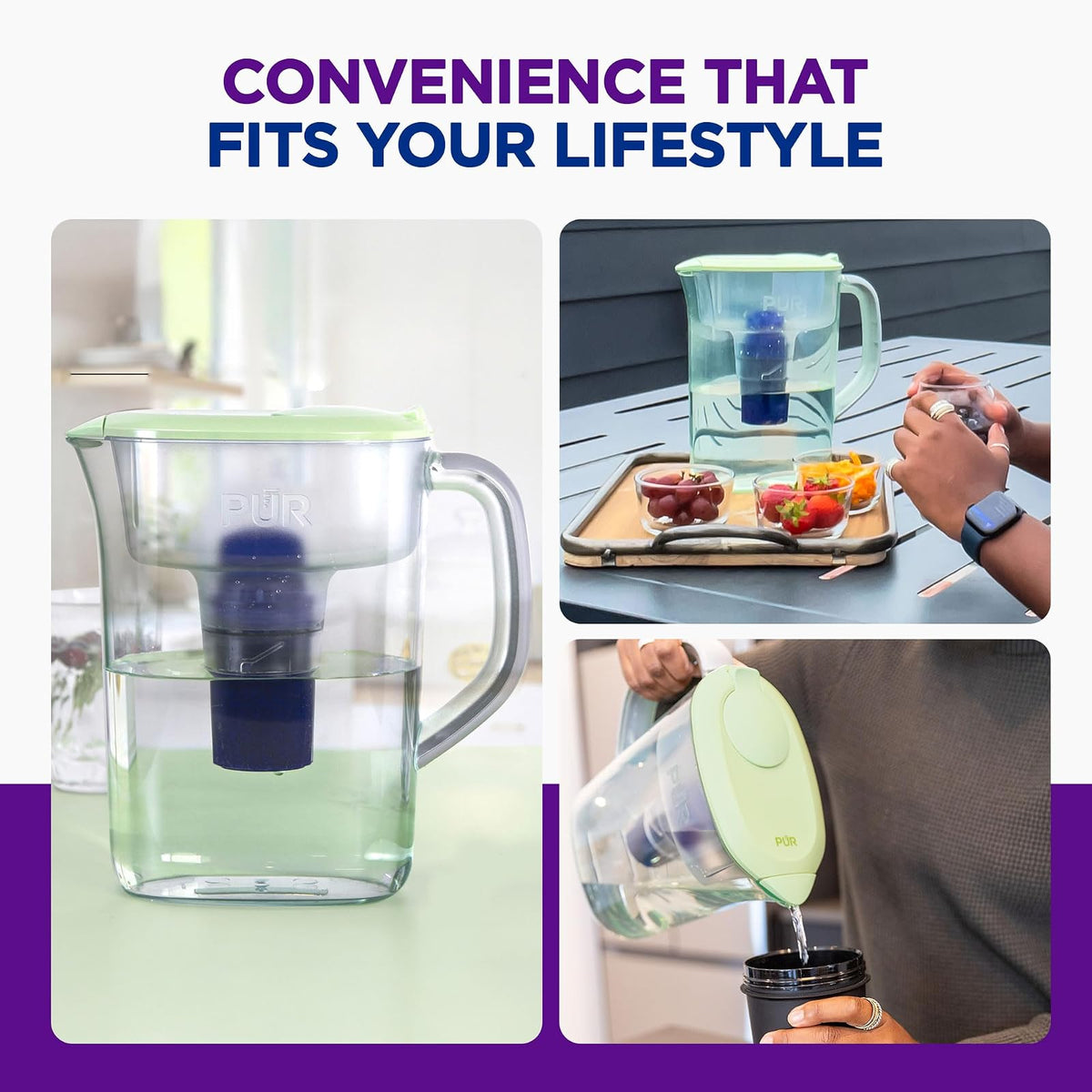 PUR Jarra de agua de 7 tazas, 1 filtro auténtico, limpiador, agua de gran sabor, apta para lavaplatos, potente, filtración más rápida, diseño de tapa LockFit, lima