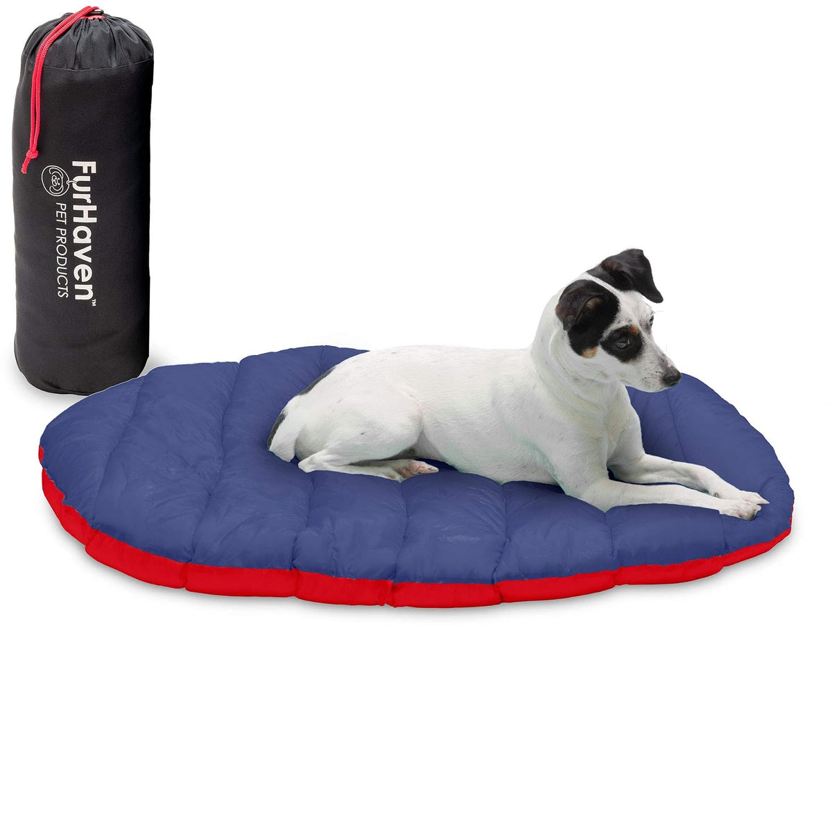 Furhaven Cama Autocalentable de Piel Sintética para Mascotas Pequeñas - Travel Flame Red & True Blue - Pequeño - Cama de viaje con saco de cosas