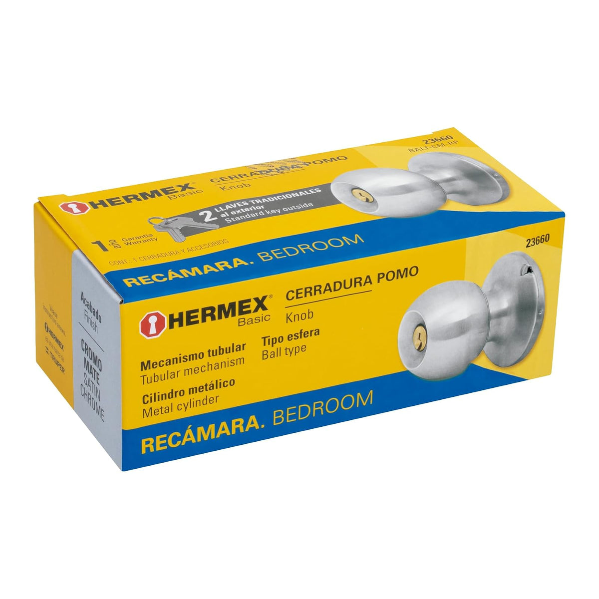 Hermex Basic BALT-CM-RP, Cerradura pomo, recámara, tubular, cromo mate