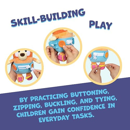 Dress & Play Baby Bingo Bluey Felpa, botón, Cierre, Hebilla y Corbata, Aprender a Vestir muñecas para niños pequeños a Partir de 3 años, Juguete de Cierre para bebé