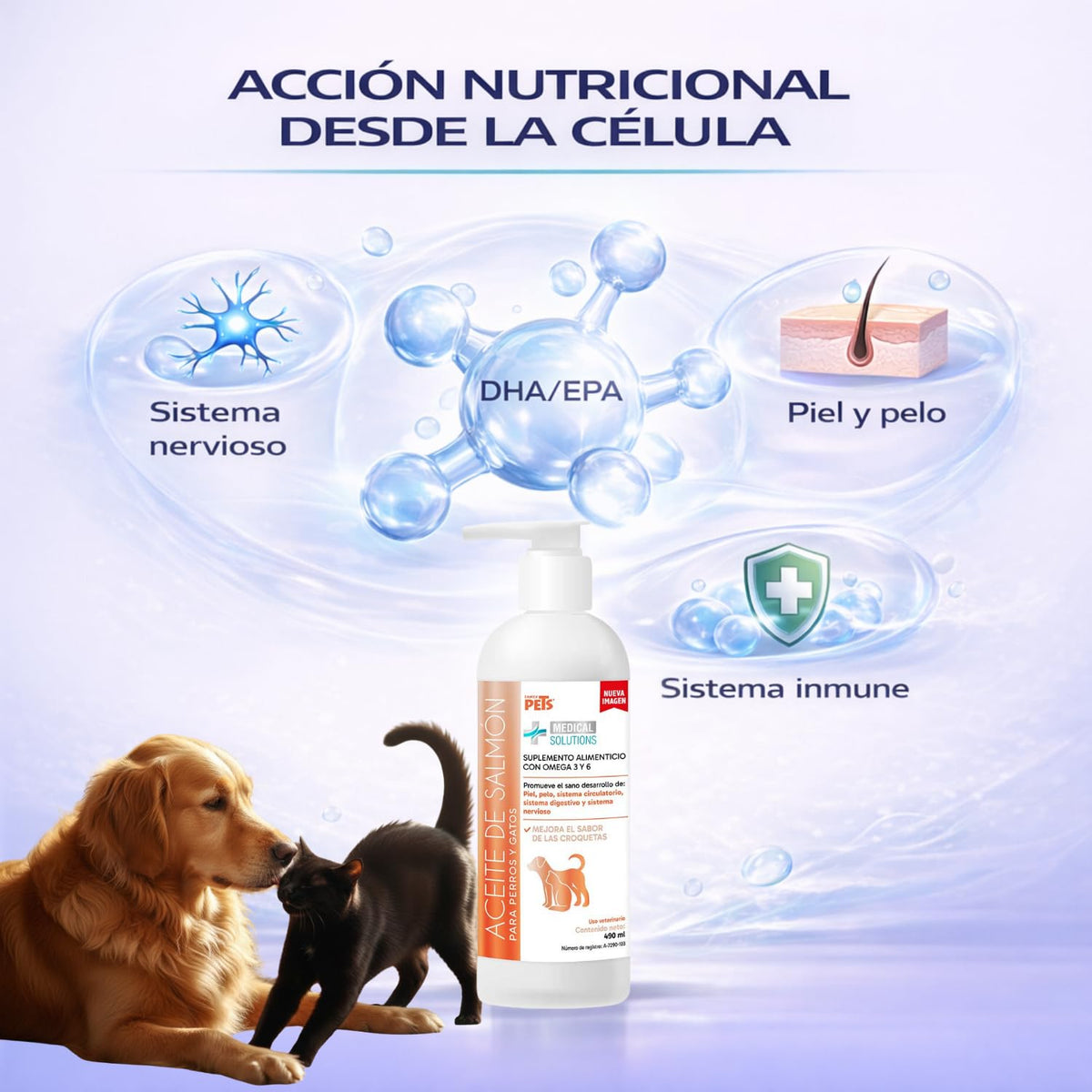 Fancy Pets Aceite de Salmon para Perros y Gatos Medical Solutions con 490ml | Omega 3 con DHA y EPA | Suplemento para Piel Sana, Pelaje Brillante y Sistema Inmune Fuerte
