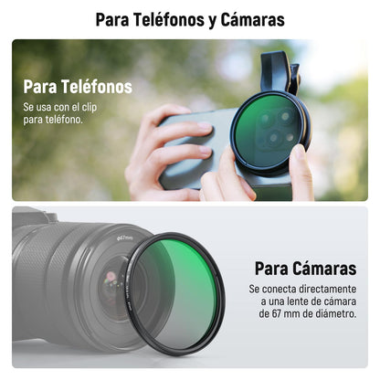 NEEWER 2 en 1 67mm Clip On CPL & Filtro Difusor Negro 1/4 Compatible con iPhone 16, 15, Pro MAX Plus, 16e, 14, 13, Mini y 12, Kit Accesorios Fotografía Lentes Cámara Polarizadoras Circulares, FL-B35.