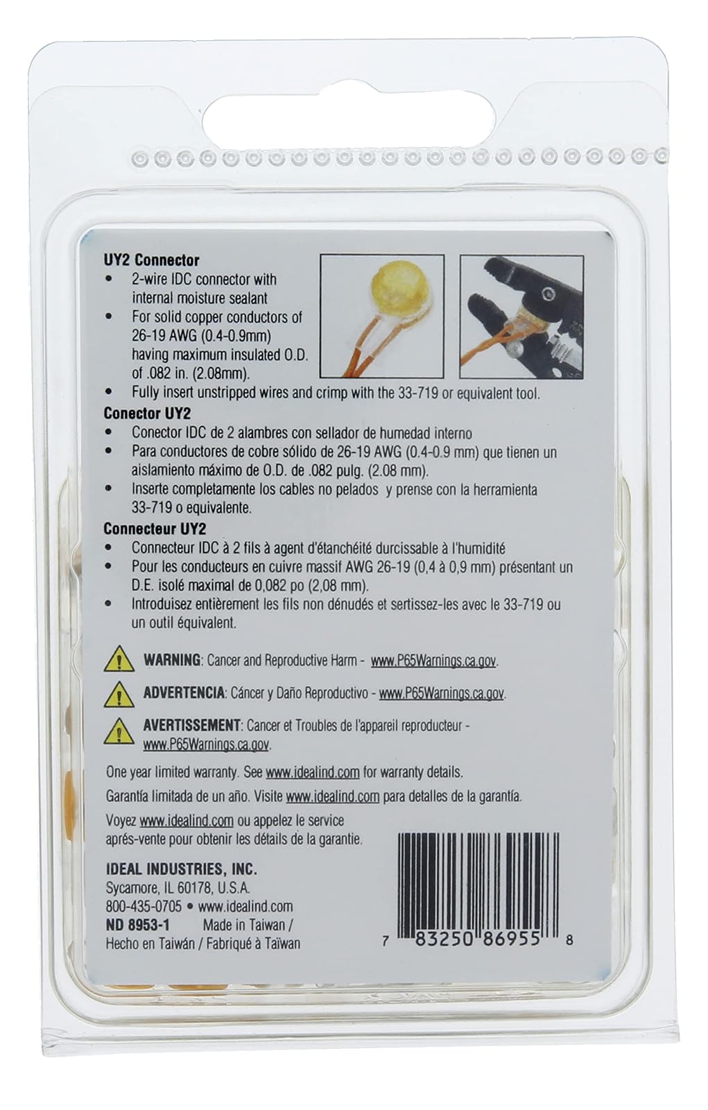 IDEAL Electrical 86-955 IDC UY2 Conector de empalme a tope, conectores de 3 cables para cable de cobre sólido de un solo conductor de 19-26 AWG, amarillo, (paquete de 100)