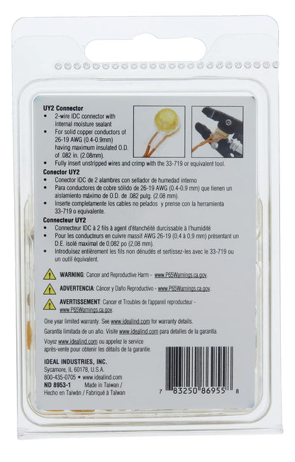IDEAL Electrical 86-955 IDC UY2 Conector de empalme a tope, conectores de 3 cables para cable de cobre sólido de un solo conductor de 19-26 AWG, amarillo, (paquete de 100)