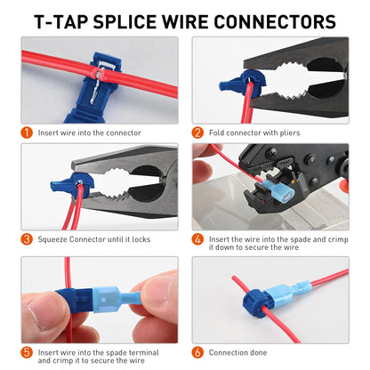 Nilight 120 pares/60 pares de terminales de cable de desconexión rápida de empalme, conectores de pala en T, color azul, 16-14 AWG macho hembra totalmente aislado, kit de crimpado autosuperable | Conectores de pala 16-14 AWG macho hembra totalmente aislad
