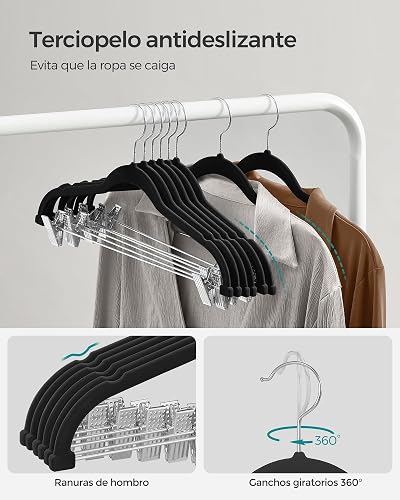 SONGMICS Perchas para Pantalones, 30 Perchas de Terciopelo, 42.5 cm de Largo, con Clips Ajustables, Antideslizantes, Negro MCRF12B30