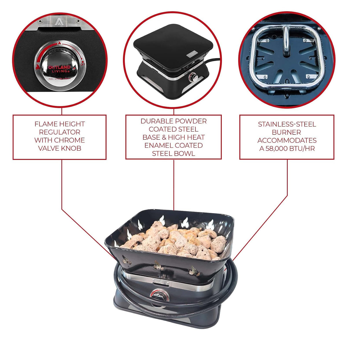 Outland Living Firebowl 805 Firecube - Chimenea de propano Cuadrado portátil sin Humo de 14 Pulgadas, fogata de Gas para Exteriores con Cubierta y Kit de Transporte, Rocas de Lava, 58.000 BTU, Color