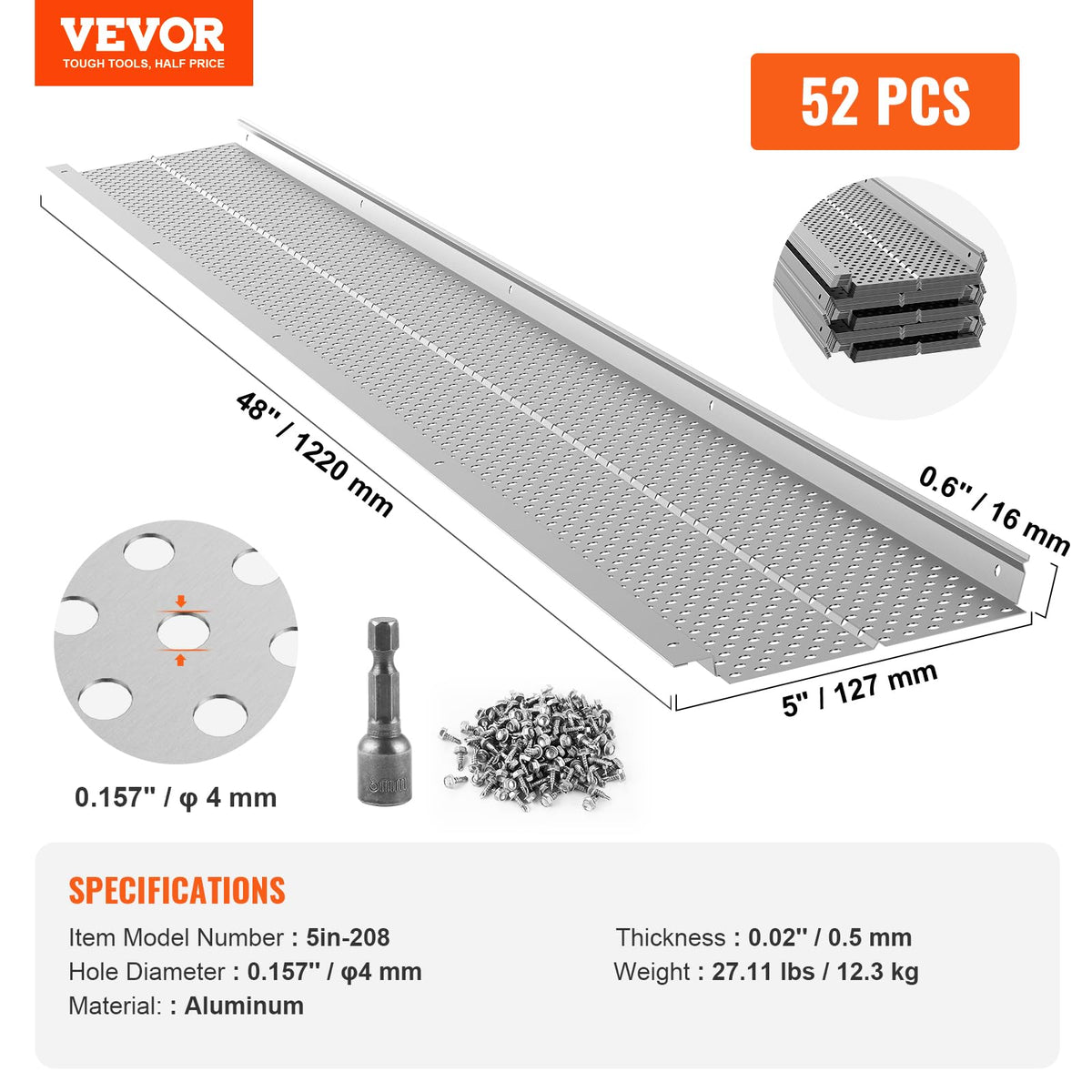 VEVOR Protector de canalón, 5 pulgadas de ancho, filtro de hoja de aluminio, cubierta de canalón, 52 piezas de longitud total de 200 pies, diámetro de agujero de 0.157 pulgadas y grosor para cualquier