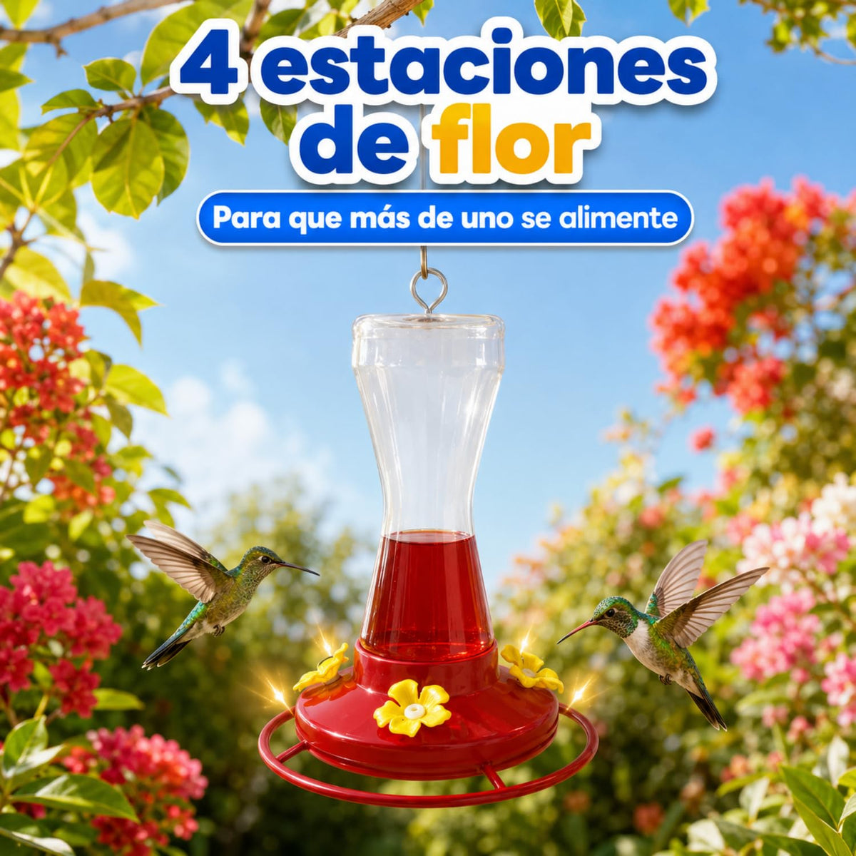 Red Kite Bebedero para Colibrí con 4 Estaciones de Alimentación | 470 ml | Base con Descanso | Plástico Transparente | Incluye Gancho y Alambre para Colgar
