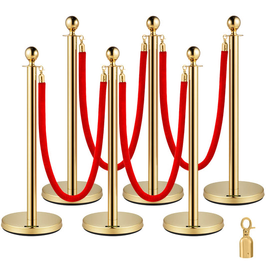 VEVOR Poste Guía 6 Piezas 95 cm Barrera de Control de Multitudes con 4 Cuerdas de Terciopelo Rojas 1,5 m para Cola de Separación de Demarcación en Escuela Pública Teatro Hotel Exposición, Color Oro