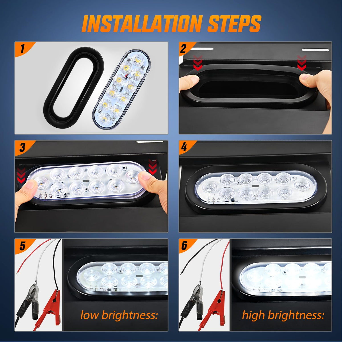 Nilight - Luz trasera ovalada de 6inch, 6 unidades, rojo, ámbar blanco 10 LED ojales de montaje empotrado, IP67, señales de giro de freno impermeables, luces de marcha atrás 2 años de garantía, TL-28