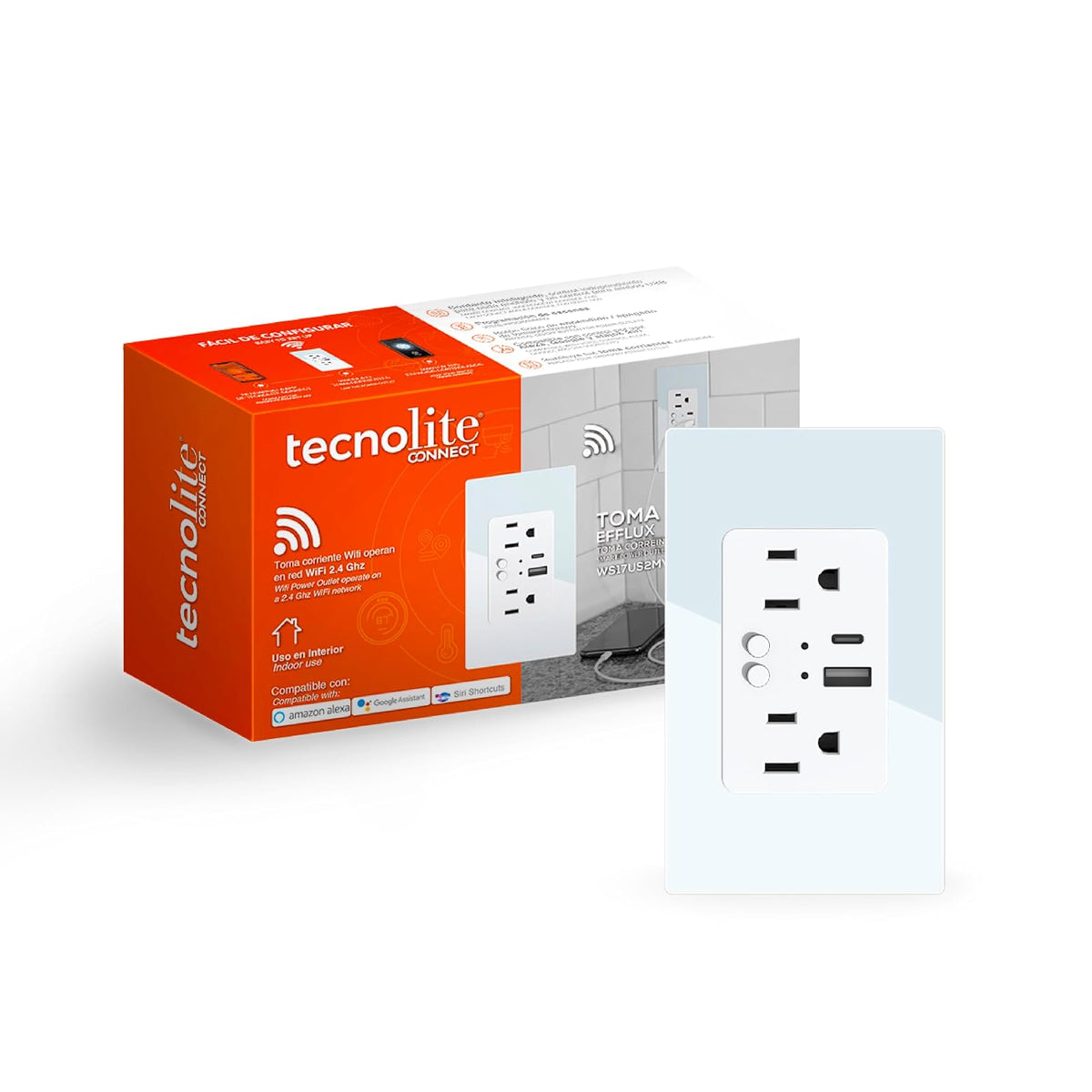 Tecnolite Connect - Contacto de Pared Inteligente WiFi Tomacorriente, 2 contactos + 2 puertos USB C/USB A, Cable Neutro, Compatible con App móvil, Alexa, Google y Siri